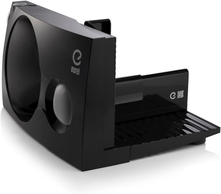 EUREL RS42 Trancheuse Électrique Noire | Trancheuse à Pain et Charcuterie, Pliable, Lame Inox Ø170 mm, Épaisseur Réglable 0–17 mm, Moteur CC EcoDrive 80 W, Sans BPA