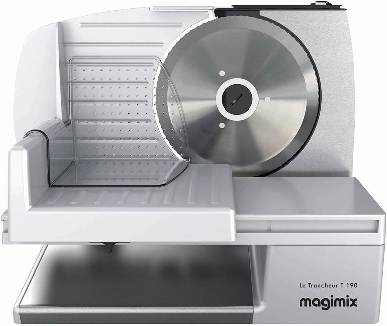 magimix Trancheuse Électrique - T190 - Lame Inox Crantée 19 cm, Épaisseur de Coupe Réglable 0 à 28 mm, Chariot Extra-Large, Plateau Inox, 150 W, Sécurité Enfant