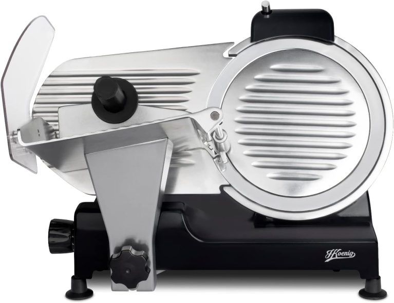 H.Koenig Trancheuse Électrique Professionnelle MSX252, Lame Italienne 25 cm, Épaisseur Réglable 0 à 12 mm, Aiguiseur Intégré