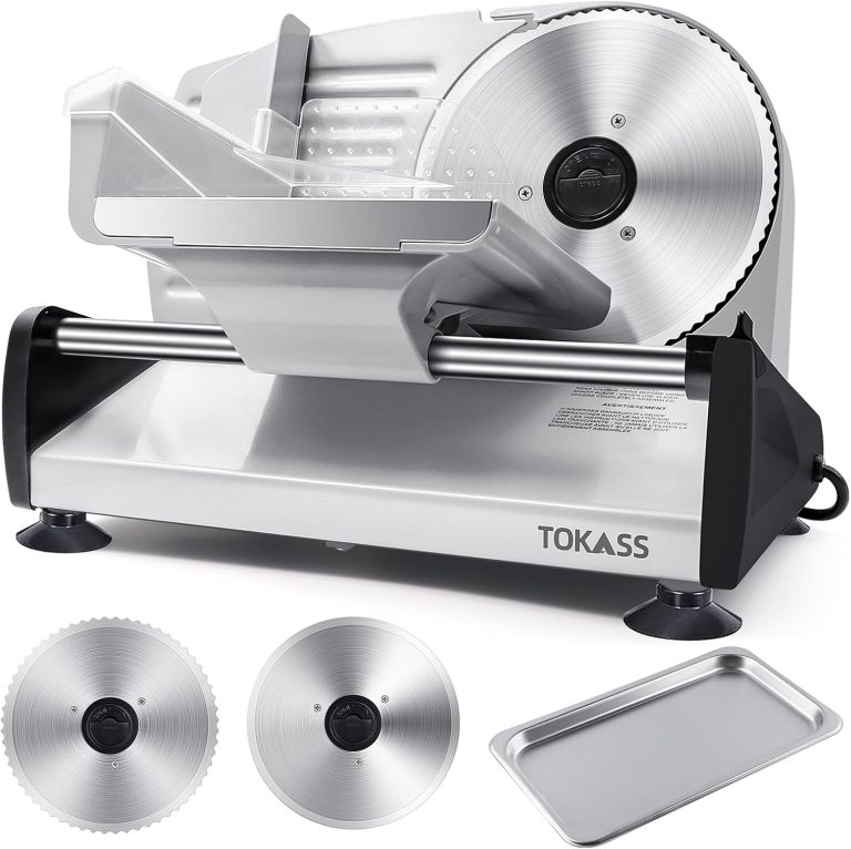 TOKASS Trancheuse Électrique 200W en Acier Inoxydable, 2 Lames Interchangeables 190 mm, Épaisseur Réglable 0 à 15 mm