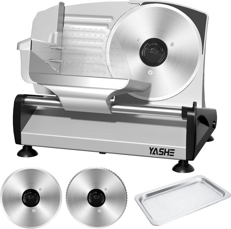 YASHE Trancheuse Électrique Moteur DC Silencieux 200W, Lames Duales Inox 19 cm, Épaisseur Réglable 0 à 15 mm